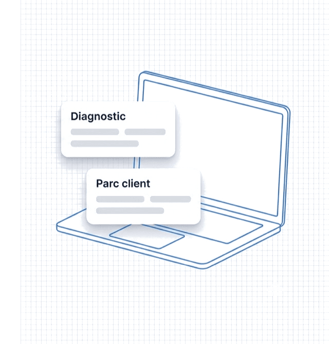 Ordinateur portable au trait accompagné de fiches diagnostic et parc client