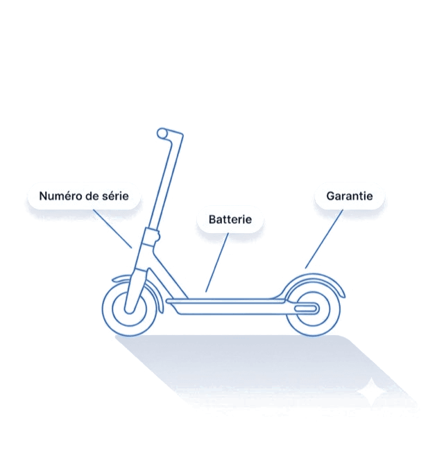 Trottinette électrique au trait avec étiquettes numéro de série, batterie et garantie
