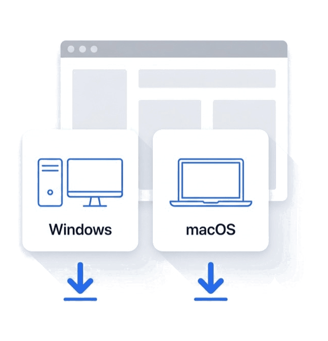 Cartes de téléchargement Windows et macOS devant une fenêtre applicative