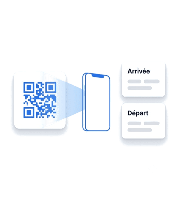QR code scanné par un téléphone, avec des fiches d'arrivée et de départ