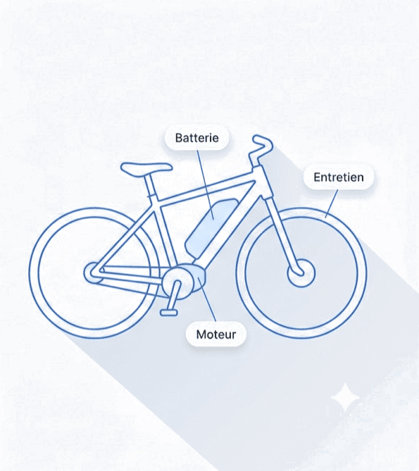 Vélo électrique au trait avec étiquettes batterie, moteur et entretien